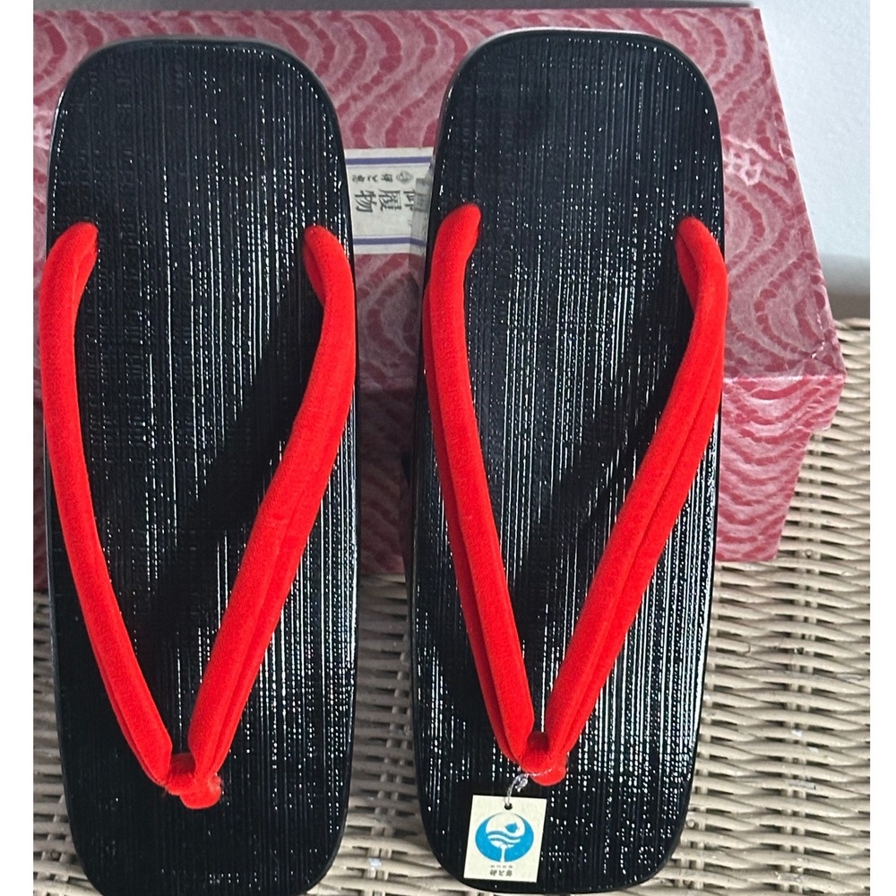Vtg Japan Kyoto Itochu Geta Sandals Clogs Blk Lacquer Wood Velvet Hanao Straps M